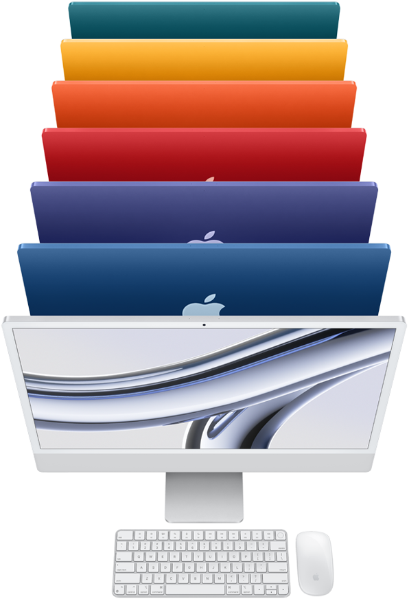 Vue de côté de plusieurs iMac alignés l’un derrière l’autre, face tournée vers la droite, en vert, jaune, orange, rose, mauve, bleu et argent.