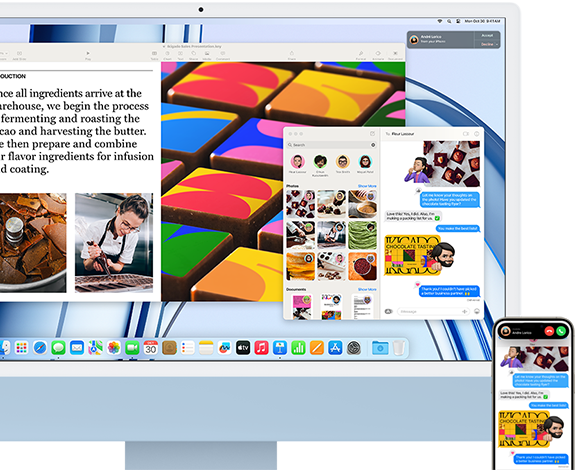 Un iMac à côté d’un iPhone illustrant la fonctionnalité Continuité par le partage d’un échange de messages et de photos entre l’iPhone et l’iMac.
