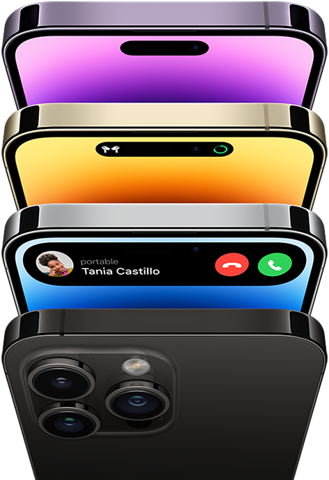 iPhone 14 Pro en quatre couleurs : noir sidéral, bleu, or et violet intense. Un modèle présente la face arrière du téléphone, tandis que les trois autres présentent une vue avant de l’écran.